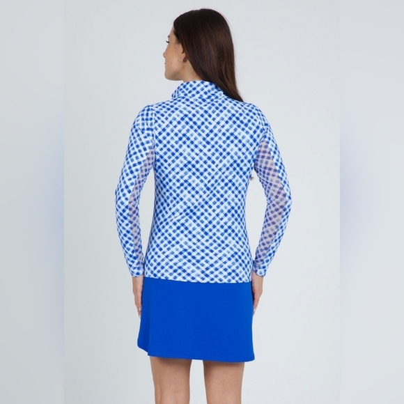 Ibkul Mini Gingham Check Print Long Sleeve Mock Neck UPF50+ Sun Shirt Size XS - Picture 2 of 8